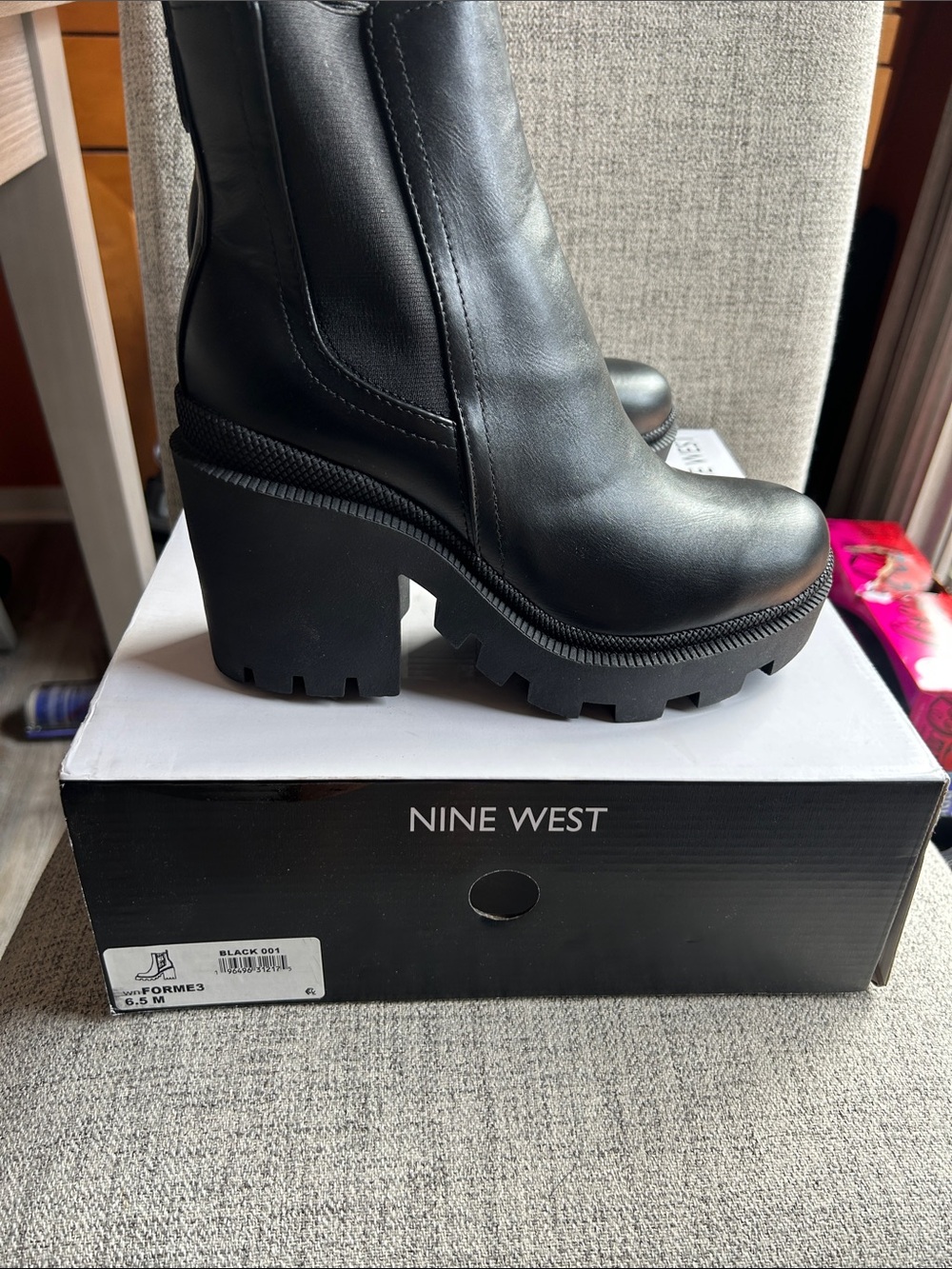 Nine West Black Lug Sole Block Heel Ankle Boots